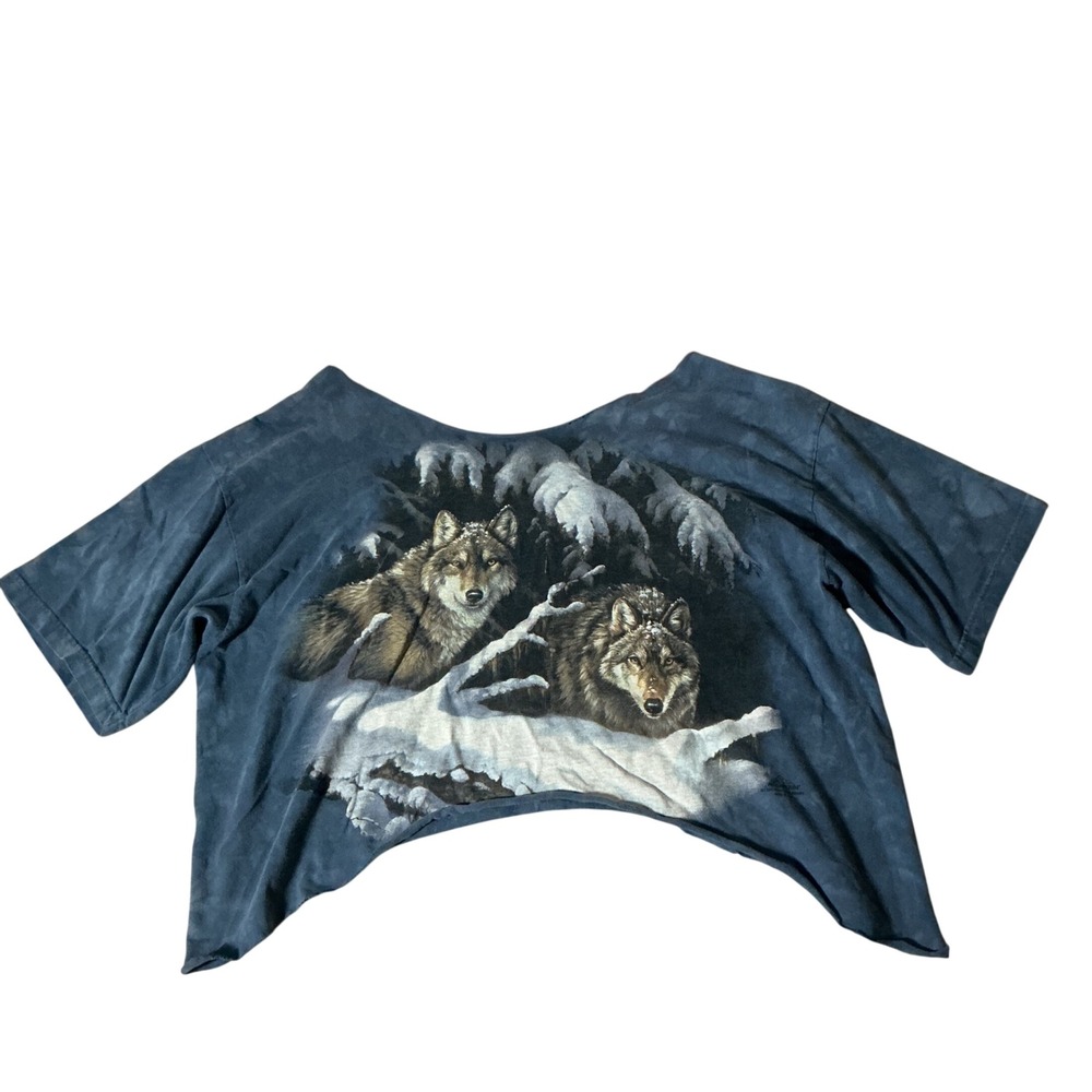 The Mountain Reworked Wolf Graphic Tee Womens XL Blue Cropped Raw Hem Nature Top
